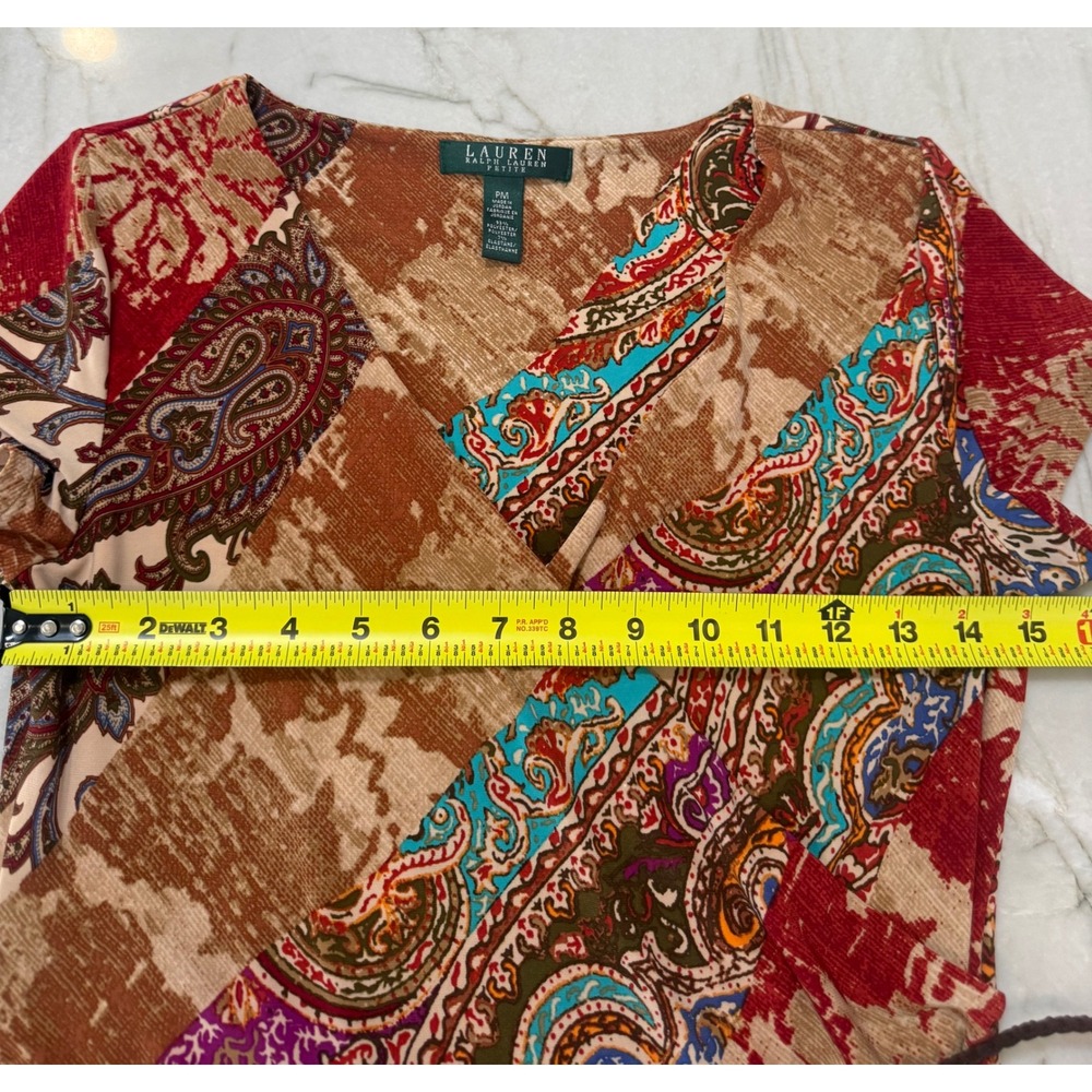 Lauren Ralph Lauren Petite Paisley Patchwork Faux Wrap Dress with Belt PM Red 71 - Picture 11 of 12